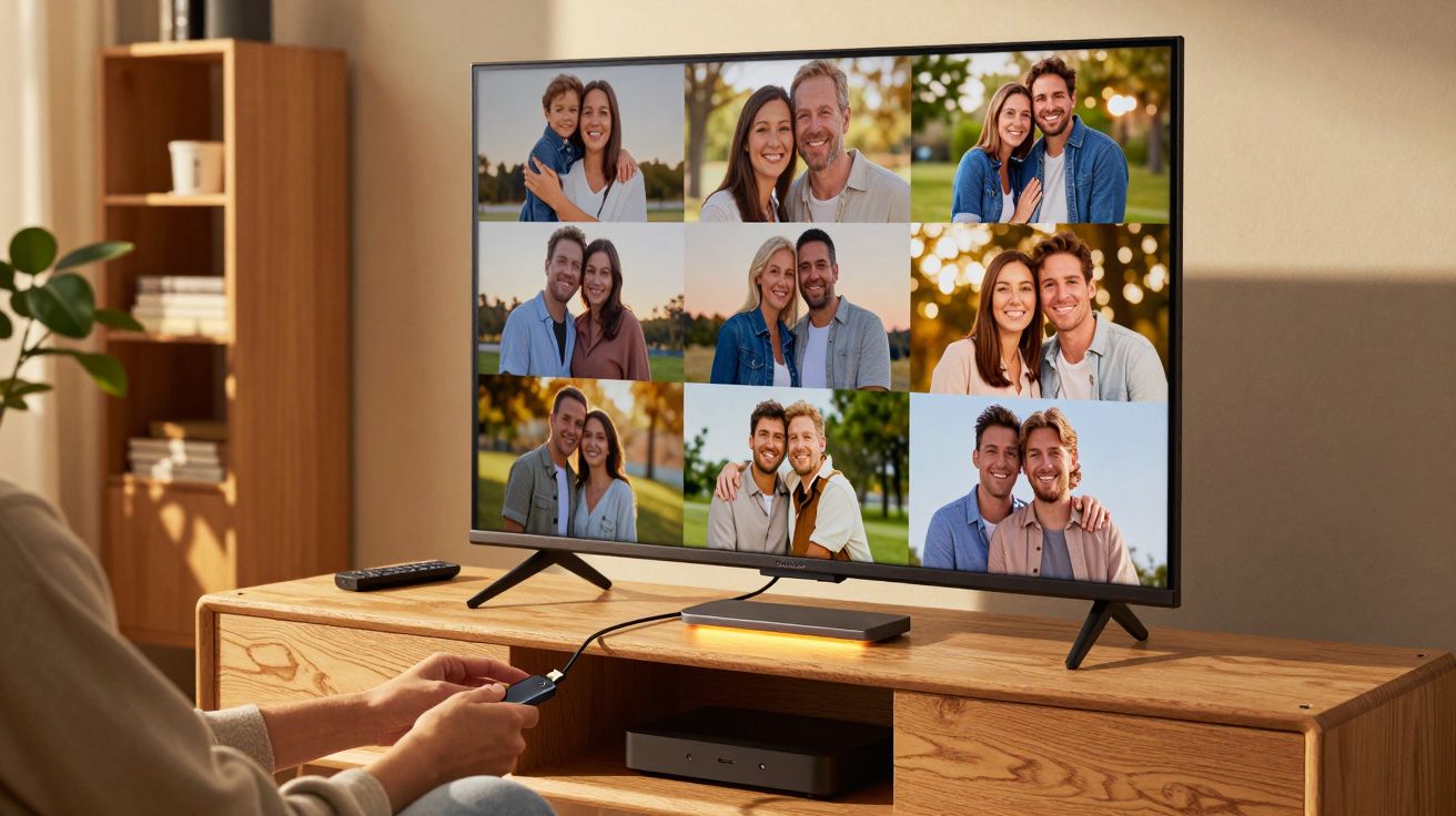 Televisão com videoconferência a exibir nove pares de pessoas a sorrir, dentro de uma sala de estar acolhedora.