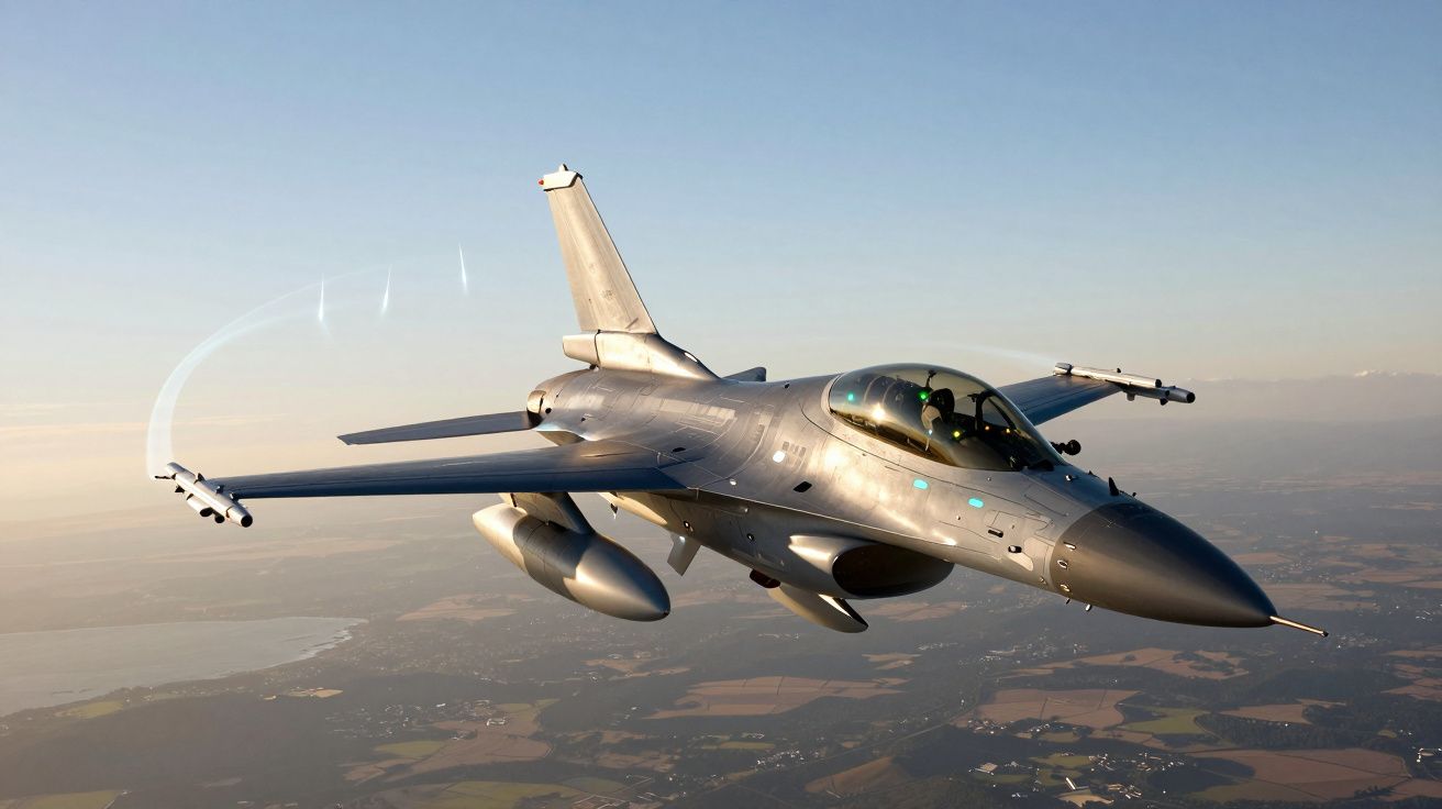 Caça F-16 cinzento voando sobre paisagem rural com céu limpo ao entardecer.