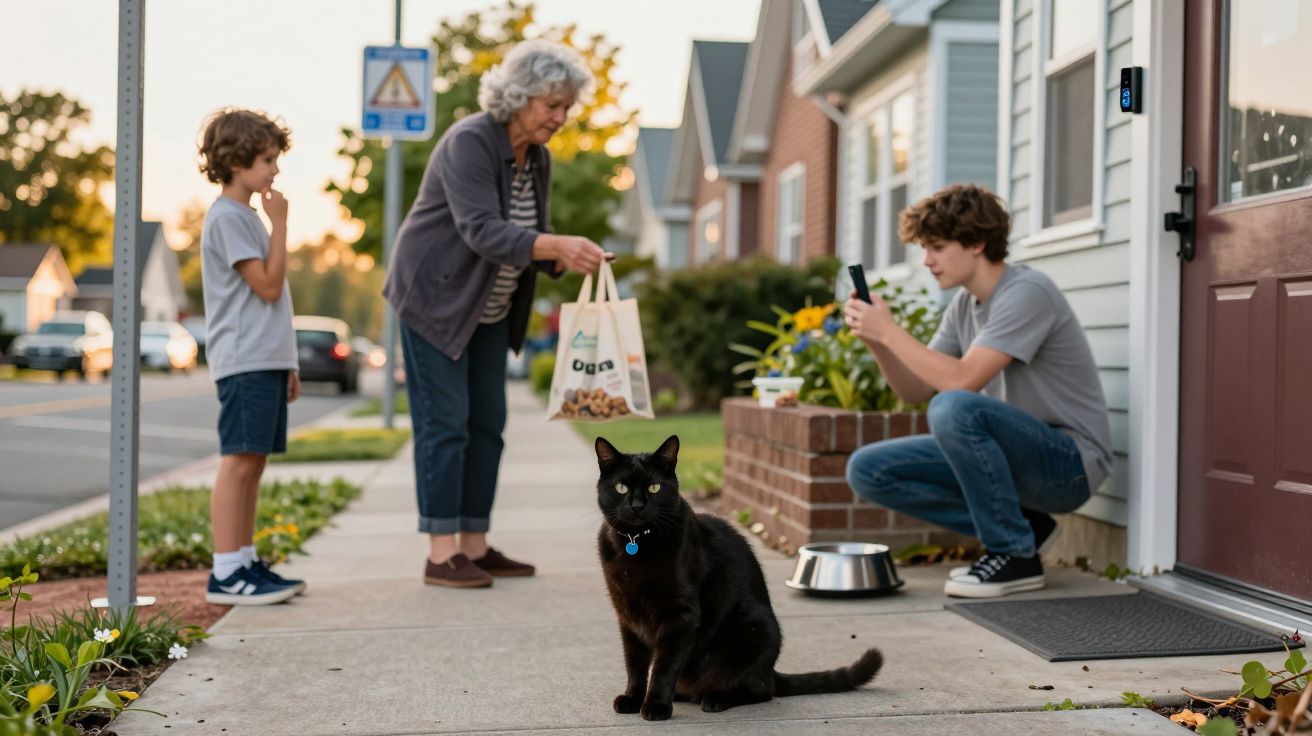 Gato preto sentado na calçada com criança, idosa e jovem a interagirem em frente a uma casa.