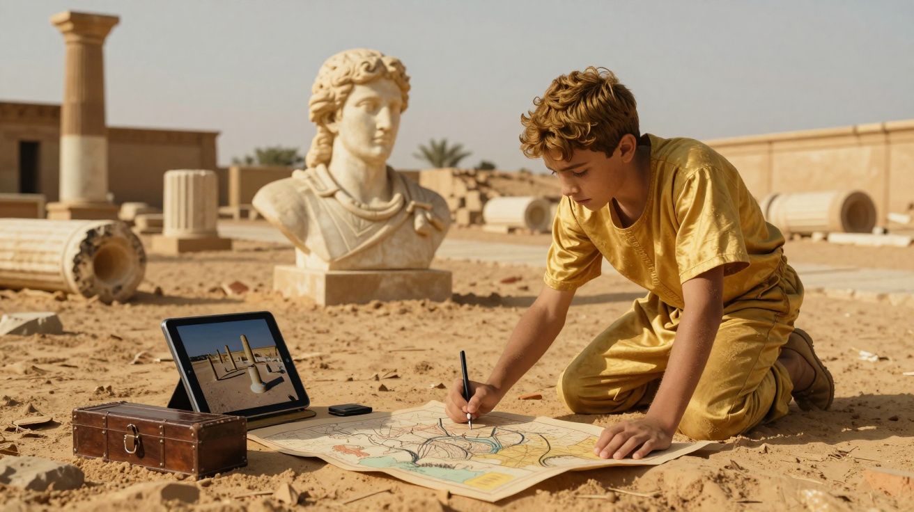 Rapaz vestido de dourado traça um mapa no chão arenoso, rodeado de peças de ruínas antigas e busto clássico.