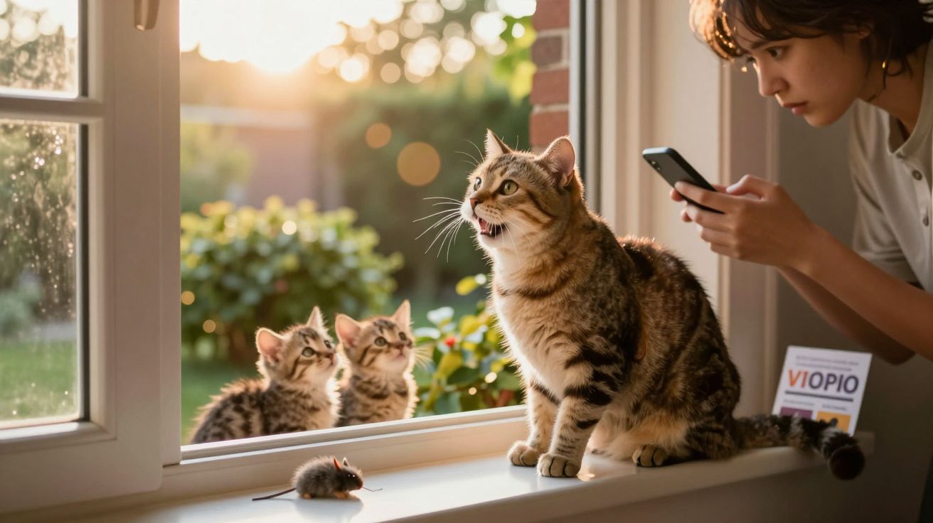 Mulher tira foto de gato e dois gatinhos sentados na janela com brinquedo de rato à frente.