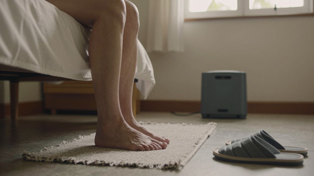 Pés descalços de uma pessoa sentada na cama, tapete e chinelos no chão de quarto iluminado por janela.