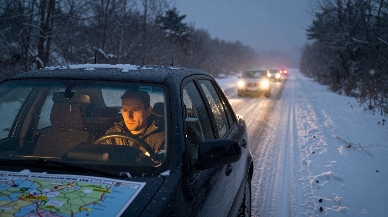 Homem conduz carro parado na neve com mapa no capot e outros veículos com faróis ligados ao fundo.