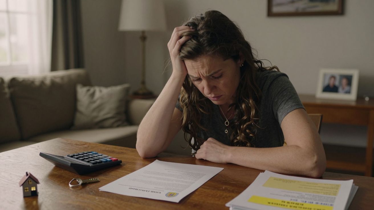 Mulher preocupada a ler documentos e contas na mesa de casa, com calculadora e chave ao lado.