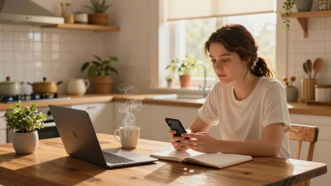 Mulher sentada à mesa da cozinha a usar telemóvel, com portátil, caderno e chá quente na frente.
