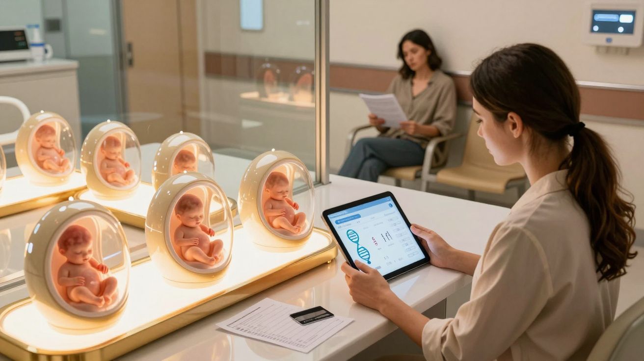 Mulher a analisar dados num tablet com réplicas de fetos em cápsulas iluminadas numa mesa ao lado.