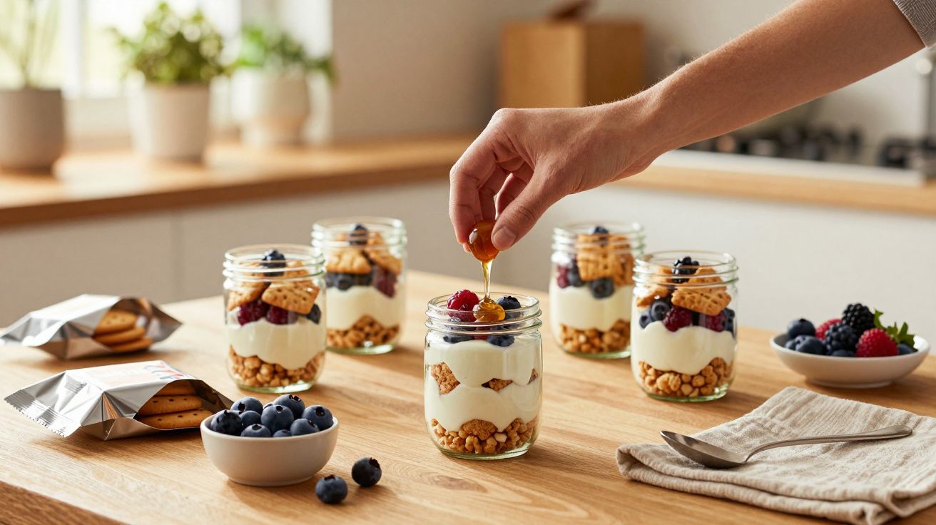 Mãos a colocar mel em iogurte com frutos vermelhos e bolachas em frascos numa mesa de madeira.