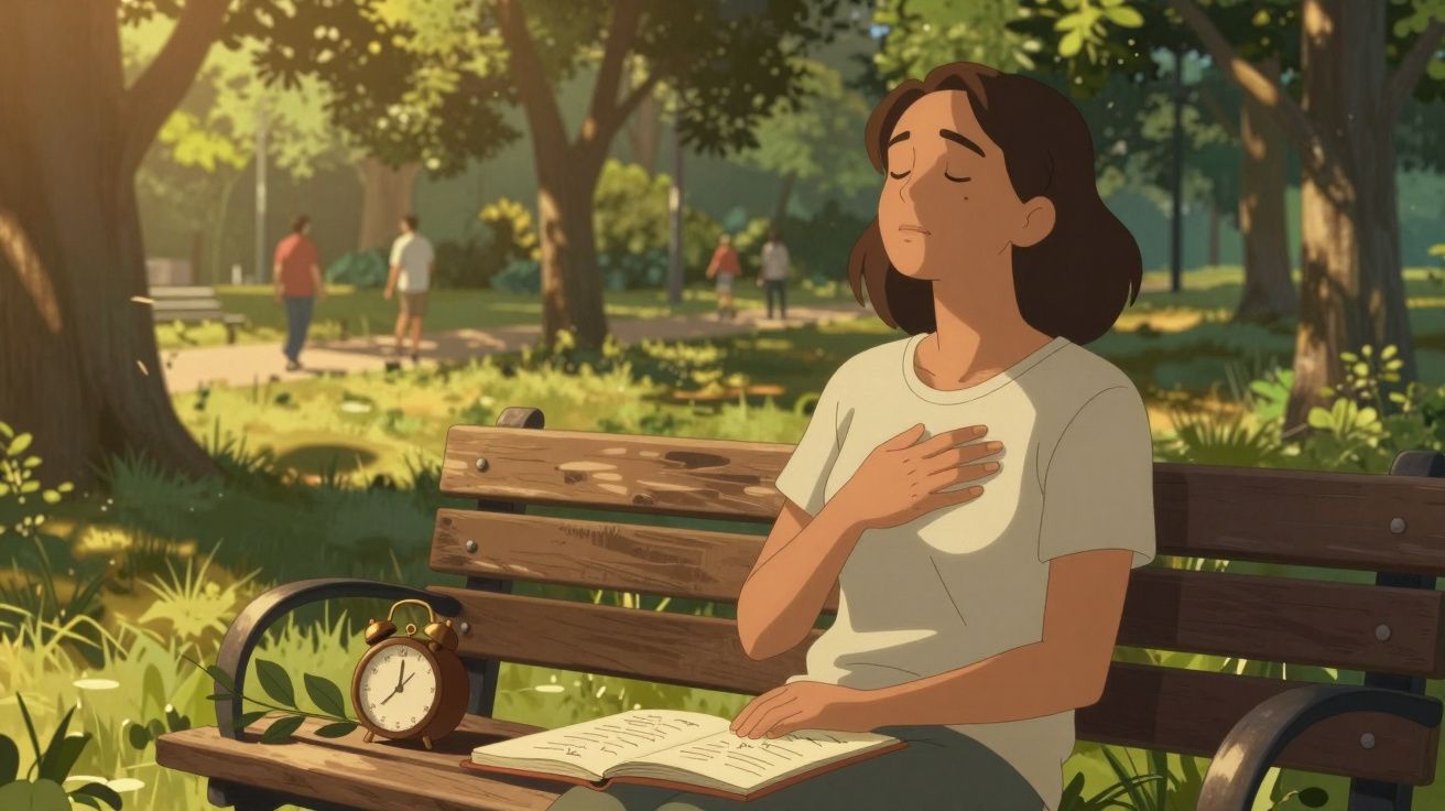Mulher sentada num banco no parque, olhos fechados, mão no peito, livro aberto ao lado, manhã ensolarada.