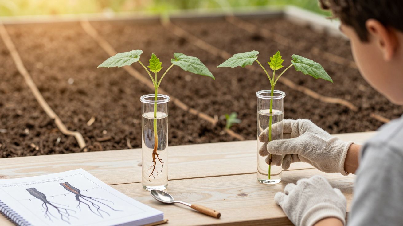 Criança com luvas manipula plantas em tubos de ensaio ao lado de caderno com desenhos de raízes.