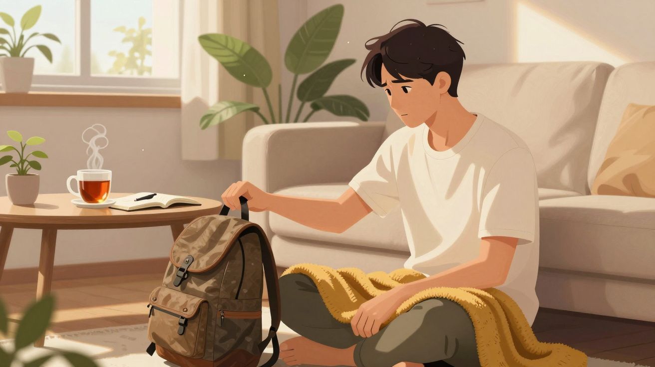 Rapaz sentado no chão da sala com uma manta amarela e mochila, junto a uma mesa com chá e livro aberto.